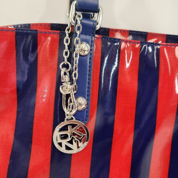 DKNY Striped Tote Red Blue Donna Karan New York Purse Bag Vinyl - Picture 2 of 14
